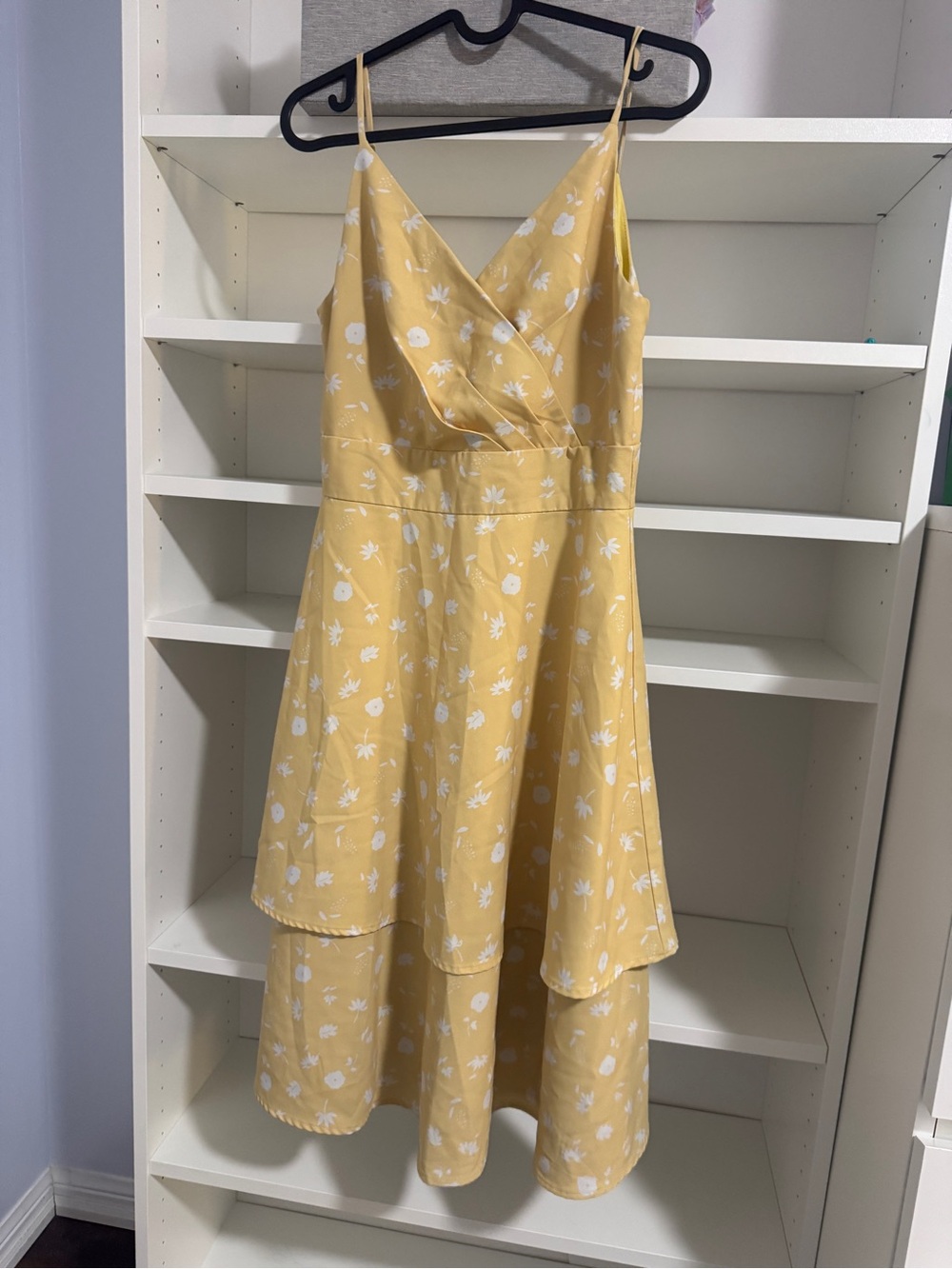 Yellow Floral Midi Dress with V-Neck
